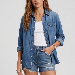 AE American Eagle Chambray Denim Button-Up Jean Boyfriend Shirt Shacket Top S